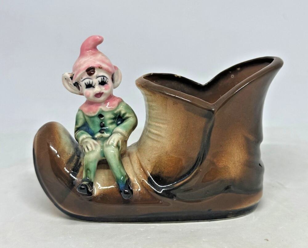 Mid 20th Century Ceramic Pink Green Pixie Elf On A Brown Boot Planter Japan